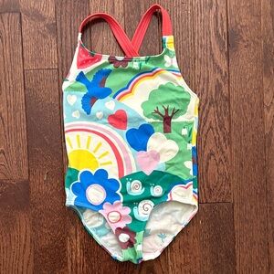Mini Boden Girls 2-3Y Multicolor Garden Print One-Piece Swimsuit w Coral Straps